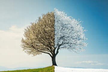 Seasonal contrasts: a divided tree showcasing nature’s beautiful transition from winter's chill to spring's vibrant bloom
