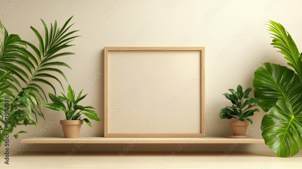 Poster wooden frame mockup is placed on a shelf with potted plants, showcasing a modern and minimalist inte