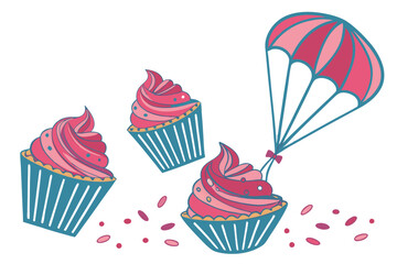 Colorful cupcakes, vibrant pink frosting, blue cupcake wrapper, sprinkles, whimsical dessert, floating pastries, high-contrast, white background, delicious treats, photorealistic, 3D rendering, glossy