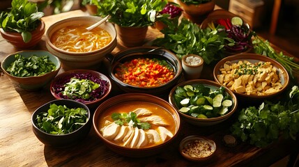 Fototapeta premium Discover the Essence of Chicken Pho with Fresh Herbs in a Culinary Delight on a Wooden Table