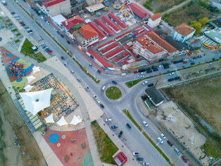 Fototapeta premium Karasu Aerial View of a Coastal Town with Play Area and Eatery. High-angle, full shot of a vibrant coastal town. Sakarya Adapazari Turkiye Turkey Drone shot aerial view