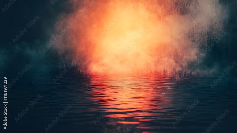 Poster dramatic fiery explosion of orange and red hues reflected on the tranquil waters blending soft textu