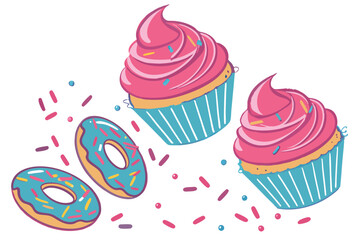 Colorful cupcakes, vibrant pink frosting, blue cupcake wrapper, sprinkles, whimsical dessert, floating pastries, high-contrast, white background, delicious treats, photorealistic, 3D rendering, glossy