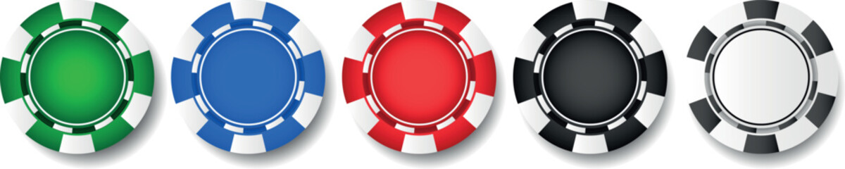 Set of classic colorful casino chips.