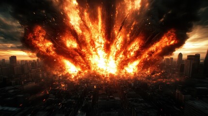 A dramatic and powerful explosion towering over a city skyline, evoking feelings of chaos and destruction in a striking visual representation of urban disasters.