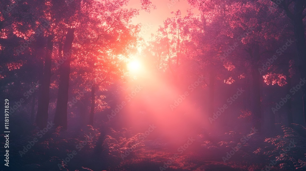 Poster enchanting autumnal forest scene with warm glowing rays of light filtering through the trees creatin