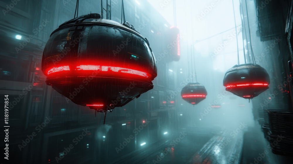Poster a futuristic cityscape adorned with hanging neon spheres, enveloped in mist, creating an atmospheric