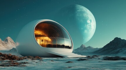 A spherical structure awaits exploration on a cold, alien terrain, set against a stunning celestial backdrop, symbolizing advanced living in uncharted worlds.