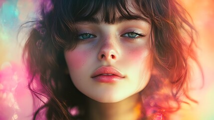 Fototapeta premium Enchanting female portrait with a aesthetic created through the blending of vibrant color gradients subtle textures and a dreamy emotive expression