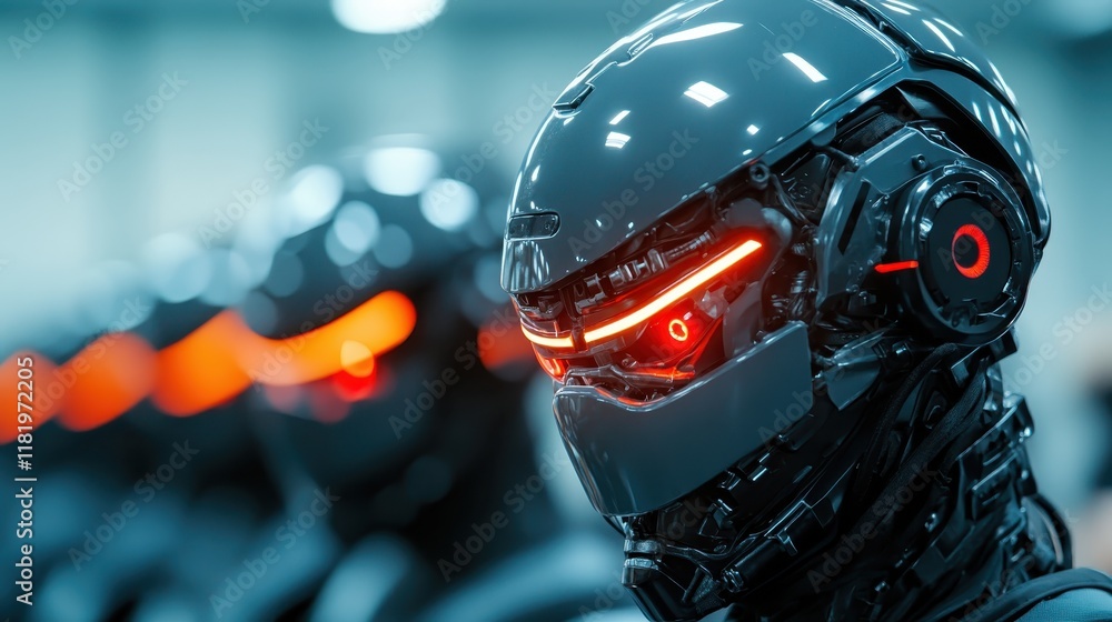 Aufkleber an array of sophisticated robotic soldiers, equipped with advanced features and luminescent elements