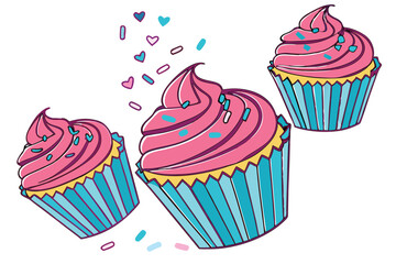 Colorful cupcakes, vibrant pink frosting, blue cupcake wrapper, sprinkles, whimsical dessert, floating pastries, high-contrast, white background, delicious treats, photorealistic, 3D rendering, glossy