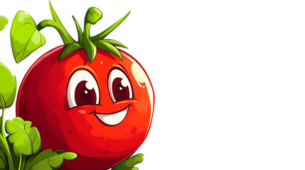 A cheerful cartoon tomato with a big smile, surrounded by green leaves.