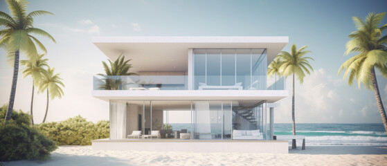 Fototapeta premium tropical beachfront mansion featuring large sliding glass doors, a private pool