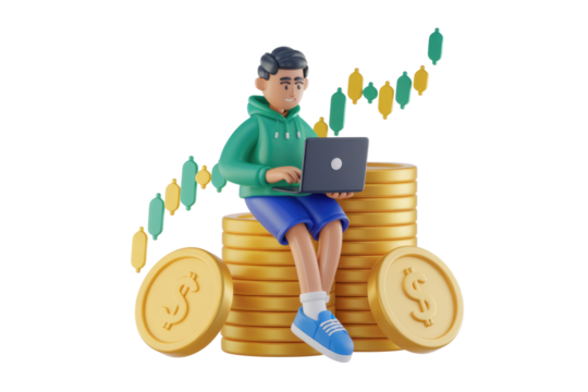 A 3D cartoon boy sits on a stack of gold coins, using a laptop, with a rising stock market graph beside him. background removed