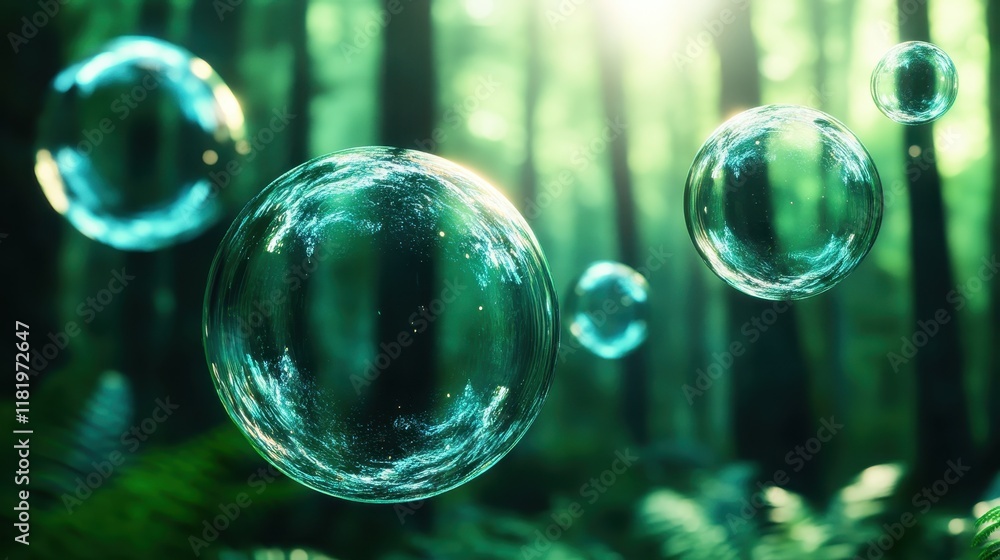Poster large, glimmering bubbles float effortlessly within a dreamlike forest, creating a captivating inter