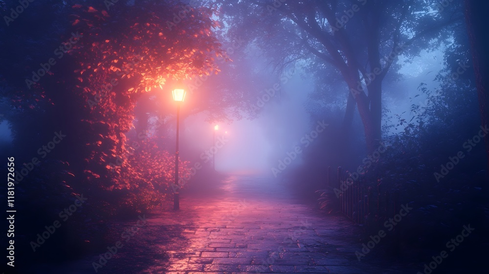 Poster enchanting hazy forest path shrouded in glowing cinematic atmosphere with soft textures and warm ble