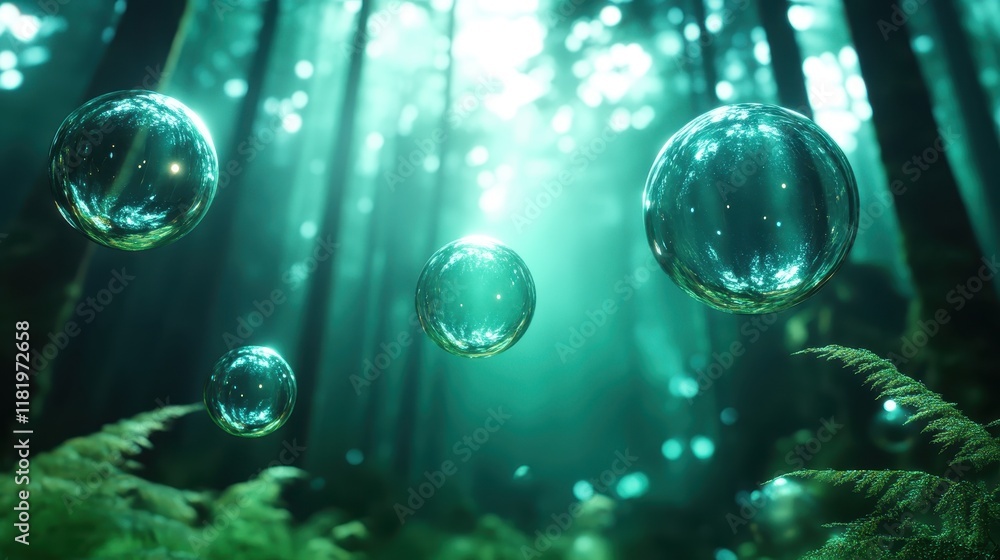 Poster a serene visual of large bubbles suspended in a lush, ethereal forest, capturing the play of light a