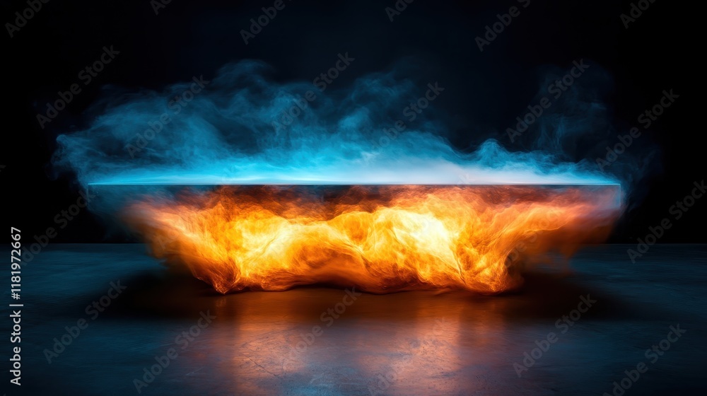 Poster an artistic representation of fire and smoke merging in a vibrant display, this captivating image co