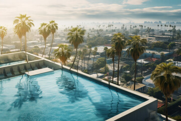 Fototapeta premium Aerial view of rooftop swimming pool. Palm trees, blurred city landscape in the background. Holiday destiantion. Luxury resort. Summer holiday trip. Rooftop pool in hotel