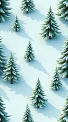 Fototapeta premium A seamless pattern of snowy pine trees on an icy blue background. Detailed branches dusted with snow evoke the serenity of a winter forest, perfect for seasonal designs and decor.
