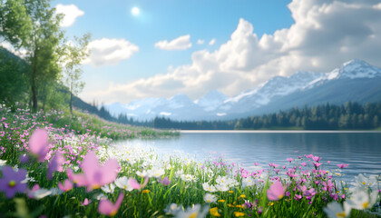 Serene Lakeside Wildflower Meadow Mountain View