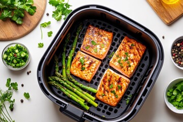 salmon grills and asparagus using airfryer