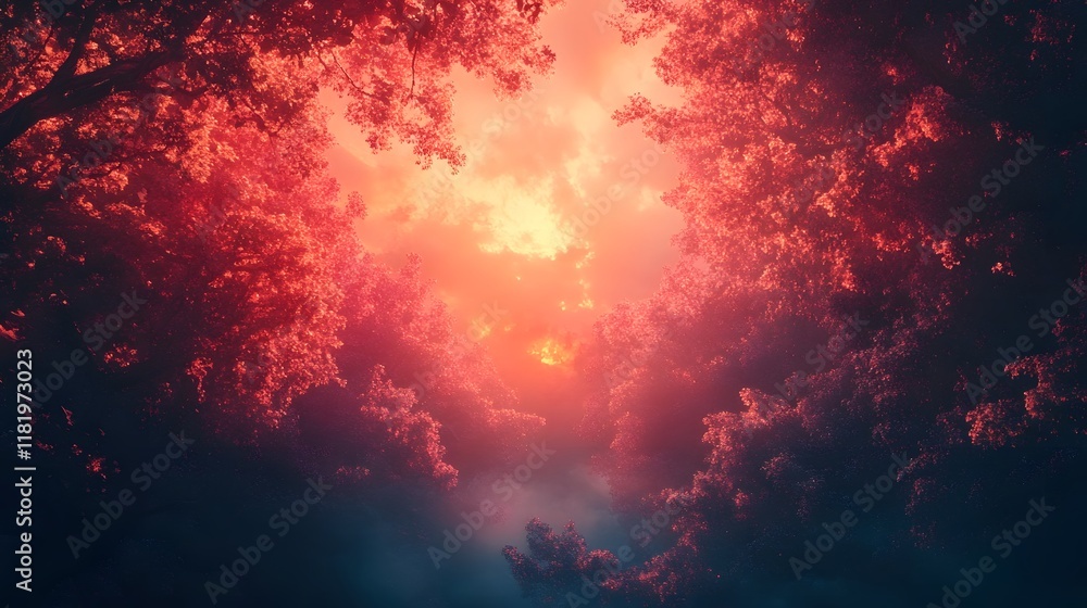 Poster mystical autumn forest landscape with a warm cinematic glow and gradient overlay creating a serene a