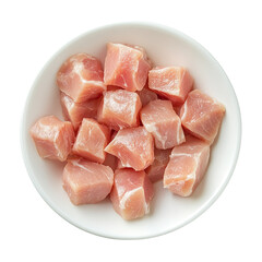 Freshly diced raw pork cubes displayed in a white bowl ready for cooking or preparation in a culinary setting. Transparent background.