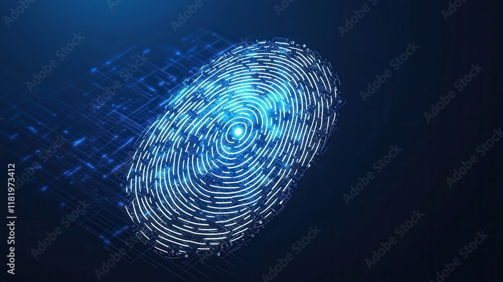 Poster a digital fingerprint design representing security and identity verification, illuminated in blue ag