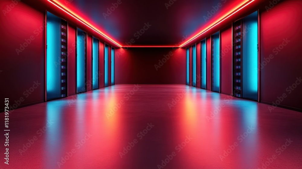 Poster a visually striking corridor featuring bright neon lights and smooth reflections on the floor, creat