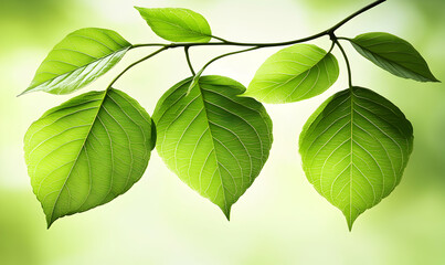 Vibrant green leaves on a branch, showcasing their intricate vein patterns against a soft, blurred background. Perfect for nature, spring, and eco-friendly themes.