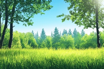 Obraz premium Nature's tranquil forest landscape adorned with lush grass and vivid vector art for creative projects and outdoor enthusiasts