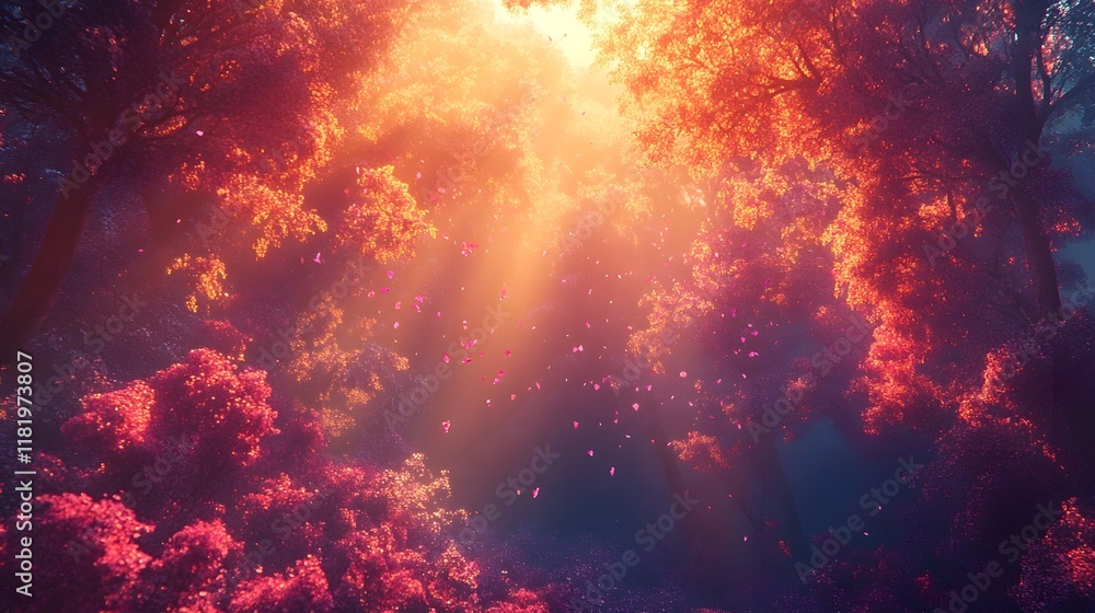 Aufkleber lush forest scene with warm glowing sunlight filtering through the trees creating a captivating cine