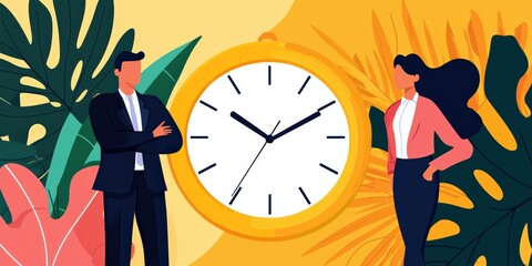 A vibrant illustration featuring a man and woman standing beside a large clock, surrounded by tropical foliage, symbolizing time and business.