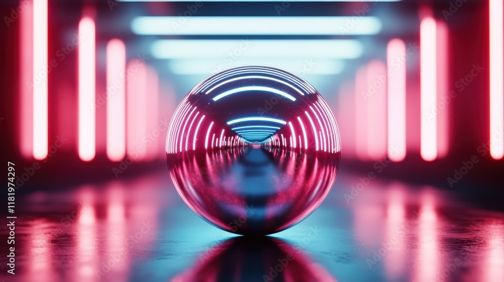 Poster an enchanting glass sphere placed in a neon-lit tunnel creates a dynamic and reflective atmosphere, 