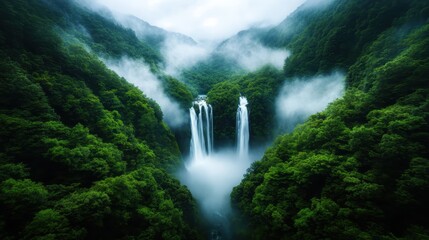 A breathtaking view of a powerful waterfall cascading down surrounded by dense green forests and mist, reflecting nature's beauty and tranquility in a serene landscape.