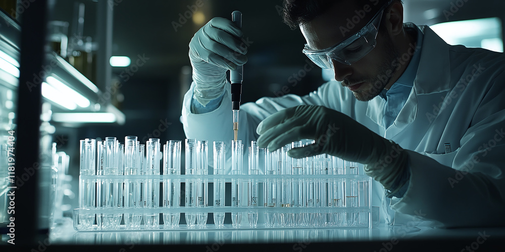 Poster scientist working in a laboratory, carefully using a pipette to handle liquid samples in a row of te