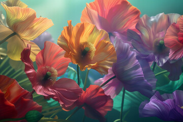 A vibrant and colorful array of poppies in various shades, with the petals painted in hues like pink, orange, yellow, blue, green, and purple. 
