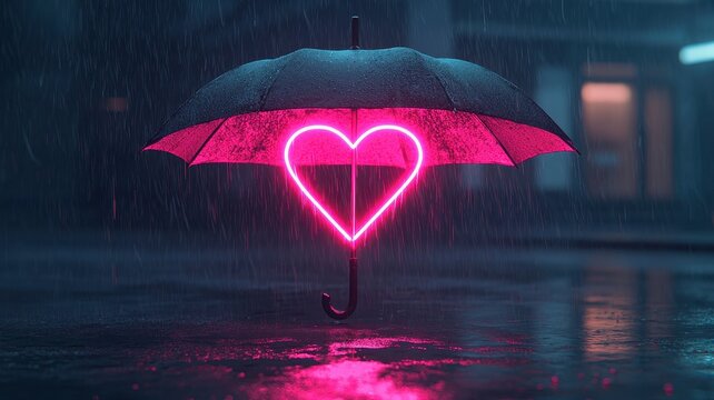 A broken umbrella under pouring rain, with a glowing neon heart reflected on a puddle, cyberpunk, vibrant colors, 3D rendering, dynamic lighting.
