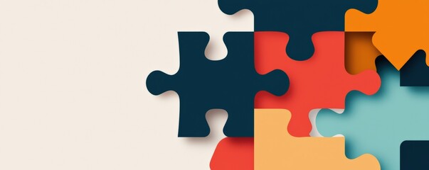Fototapeta premium A colorful arrangement of puzzle pieces, symbolizing connection and problem-solving, set against a light background.