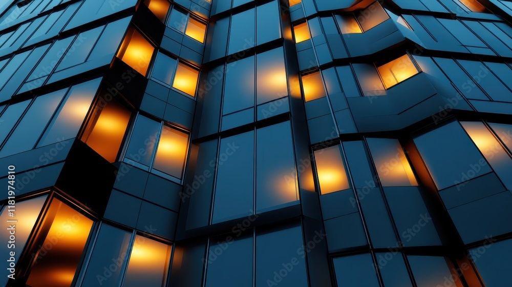 Poster this captivating image features the dynamic exterior of a modern building illuminated at night, high