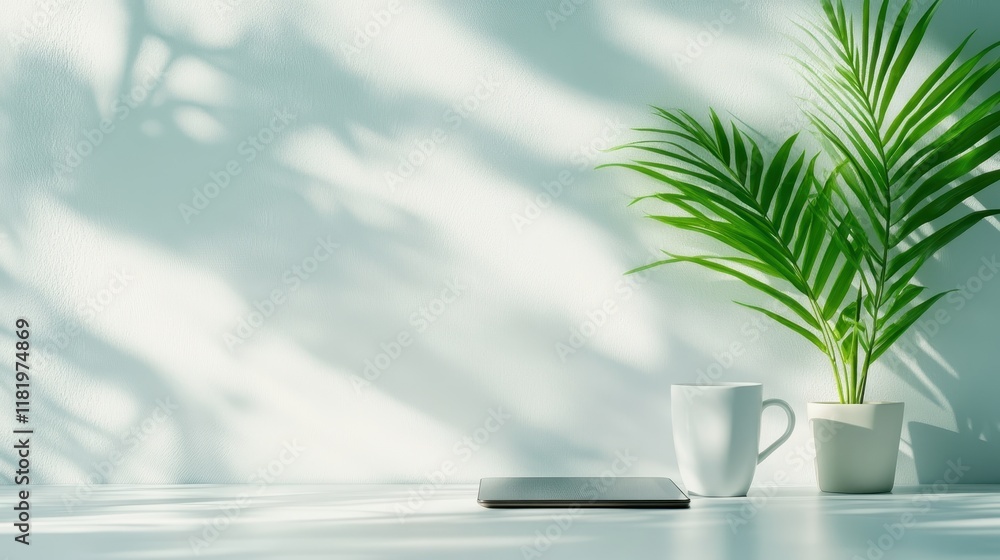 Poster a serene tabletop arrangement featuring a green plant and a white mug on a minimalistic surface, cre