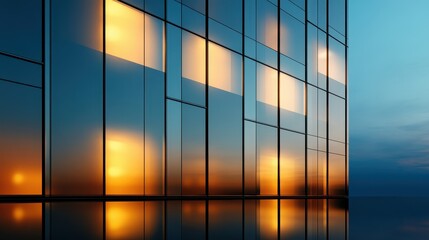 A stunning depiction of a sleek glass building catching the warm hues of sunset, creating a...