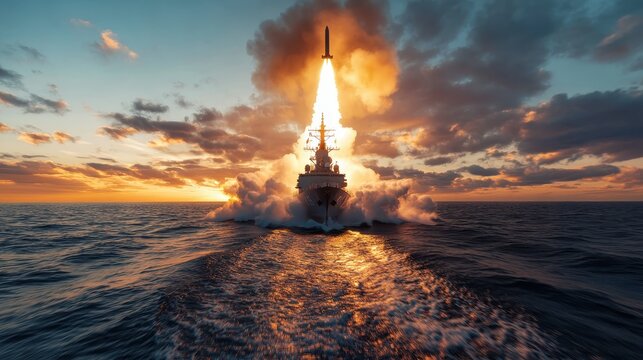A powerful missile launching from a naval destroyer during a stunning sunset, creating a dramatic display of fire and smoke against the ocean backdrop.