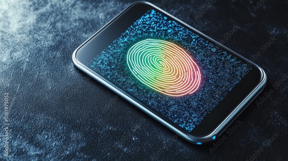 Poster a smartphone displays a colorful fingerprint pattern on its screen, suggesting biometric security an