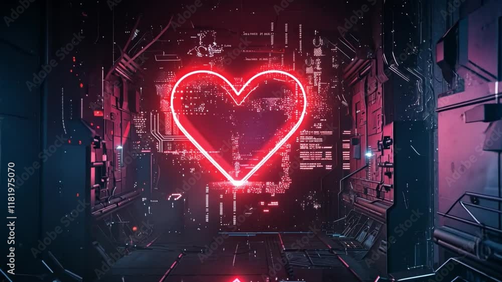 Aufkleber A glowing heart neon sign shines brightly in a dark, high-tech space, surrounded by intricate digital patterns and circuitry. This scene conveys a blend of technology and emotion.