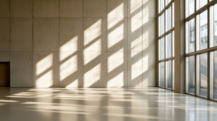 Fototapeta premium A minimalist interior featuring concrete walls and large windows casting geometric shadows on the floor.