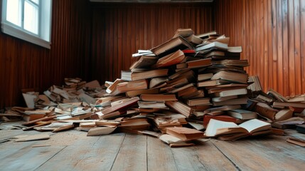 Fototapeta premium A chaotic stack of books spilling across the floor in a neglected room, evoking feelings of nostalgia and the passage of time in a forgotten space filled with stories.