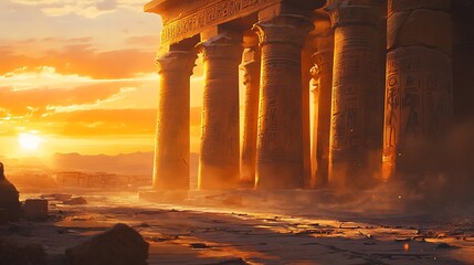 Fototapeta premium Ancient Temple Ruins at Sunset: Golden Hour in the Desert