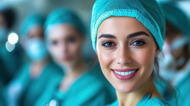 A cheerful medical professional in scrubs smiles at the camera, surrounded by colleagues in a surgical environment. The image embodies the dedication and care found in the healthcare field.